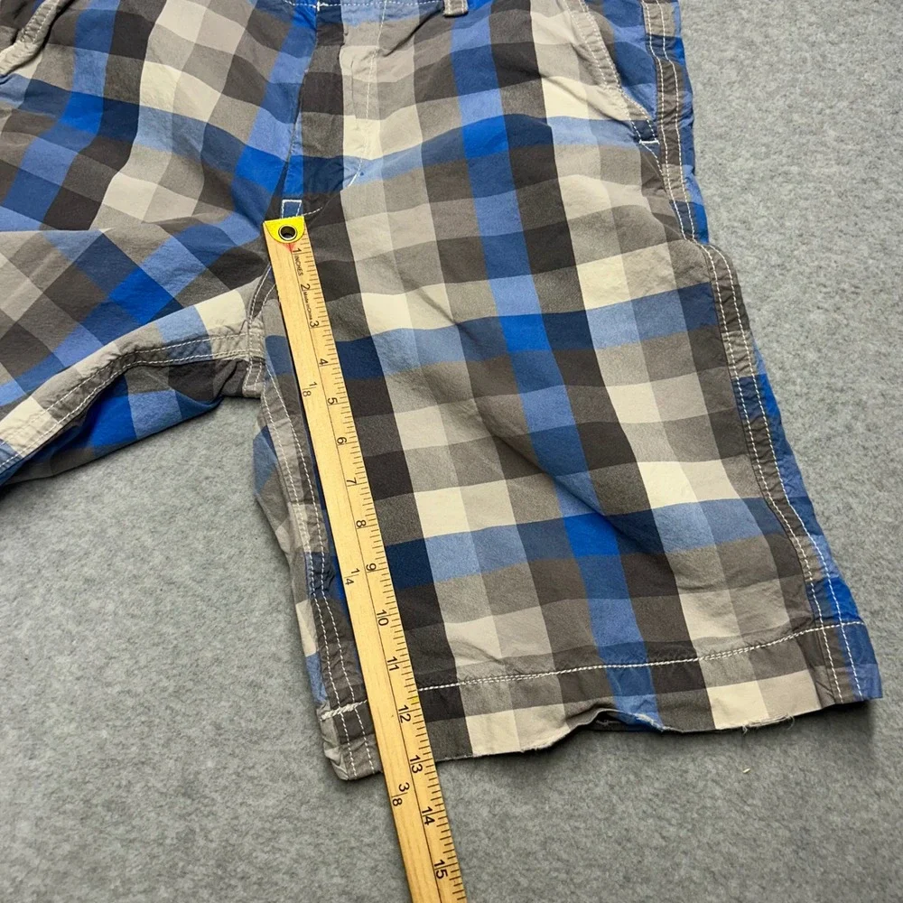 American Eagle Plaid Shorts Blue Grey Mens 33 Longer Length Flat Front Casual